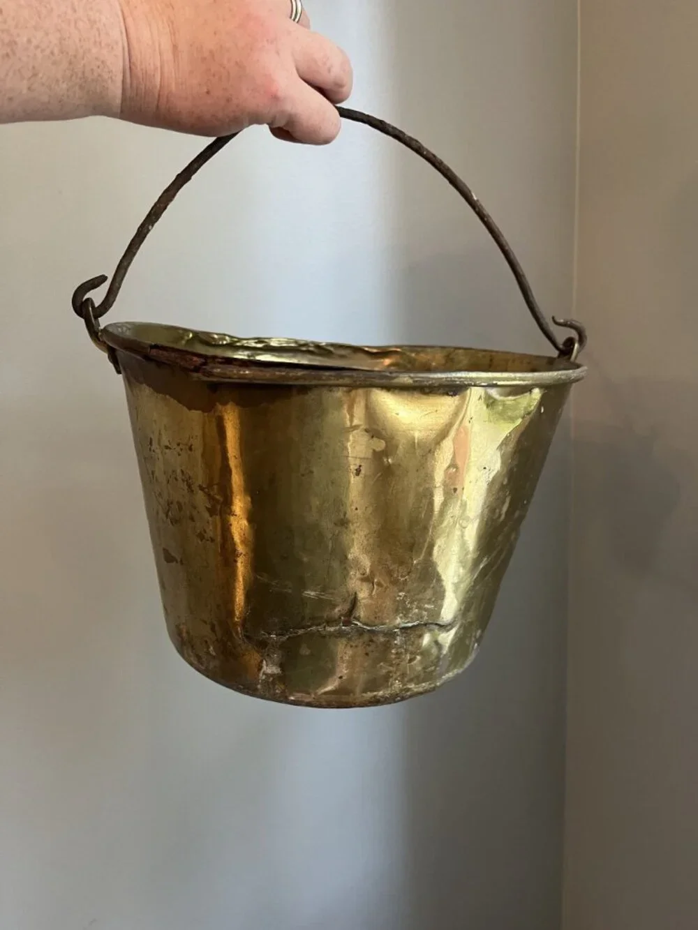 Antique Hammered Brass Bucket With Iron Handle Floral Interior Accent
